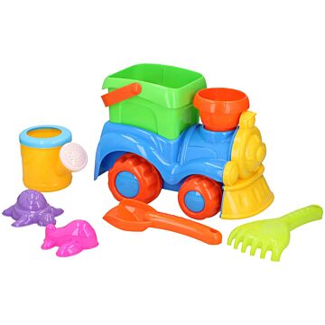 Eddy Toys Beach Play Set mit Zug - 8-teiliges Sandkastenspielzeug - enthält Zug, Eimer, Schaufel, Harke, Gießkanne, 2 Förmchen