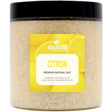 Aquatural Citron Premium Natural Bath Salt. Mélange de sel de la mer Morte et de sel d'Epsom dans un pot de 350 grammes. Idéal pour l'aromathérapie et la méditation.