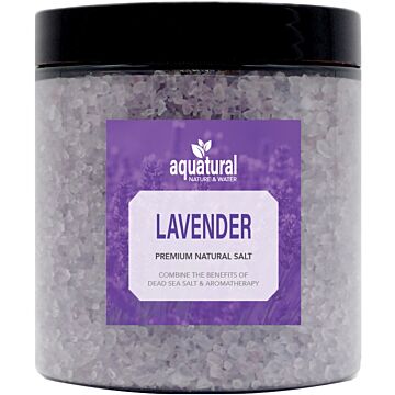 Aquatural Lavender Premium Natural Bath Salt. Mélange de sel de la mer Morte et de sel d'Epsom dans un pot de 350 grammes. Idéal pour l'aromathérapie et la méditation.