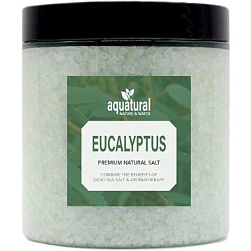 Aquatural Eucalyptus Premium Natural Bath Salt. Mélange de sel de la mer Morte et de sel d'Epsom dans un pot de 350 grammes. Idéal pour l'aromathérapie et la méditation.