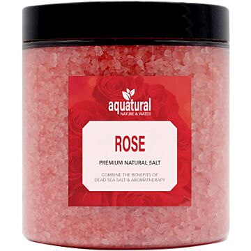 Aquatural Rose Premium Natural Dead Sea Salt in a 350 gram jar, ideal for aromatherapy