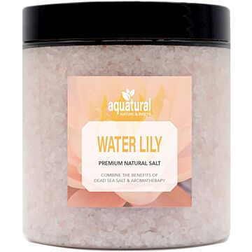 Aquatural Water Lily Premium Natürliches Badesalz. Eine Mischung aus Salz aus dem Toten Meer und Bittersalz in einem 350-Gramm-Gefäß. Ideal für Aromatherapie und Meditation.