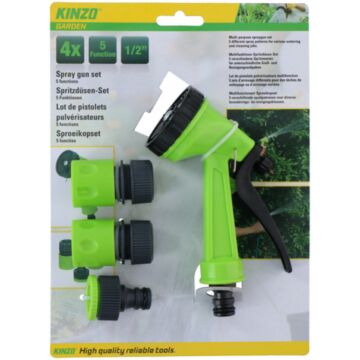Le kit d'arrosage Kinzo avec cinq réglages de pulvérisation comprend une tête d'arrosage en ABS durable, un robinet et 2 raccords